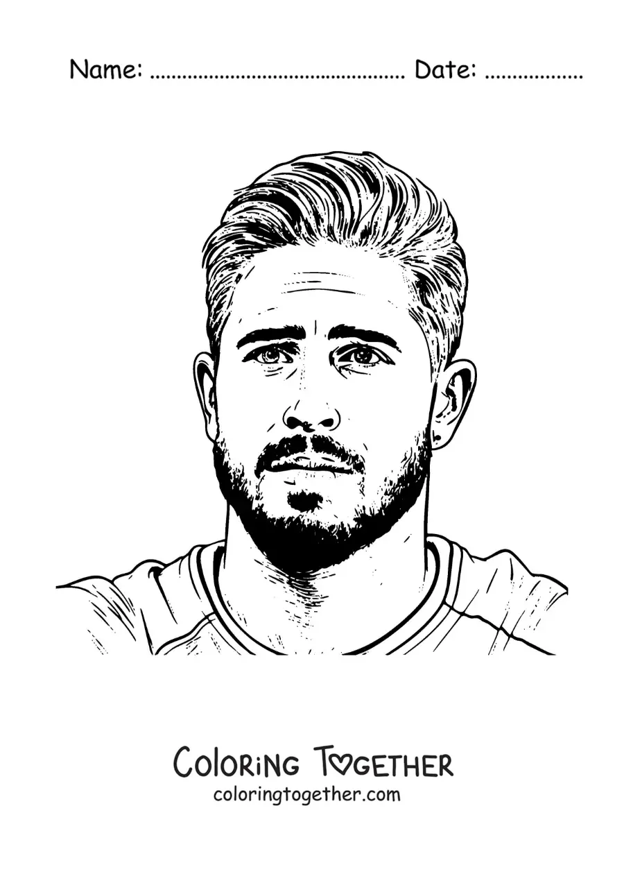 Coloring page of a realistic-style portrait of Sergio Ramos with short hair
