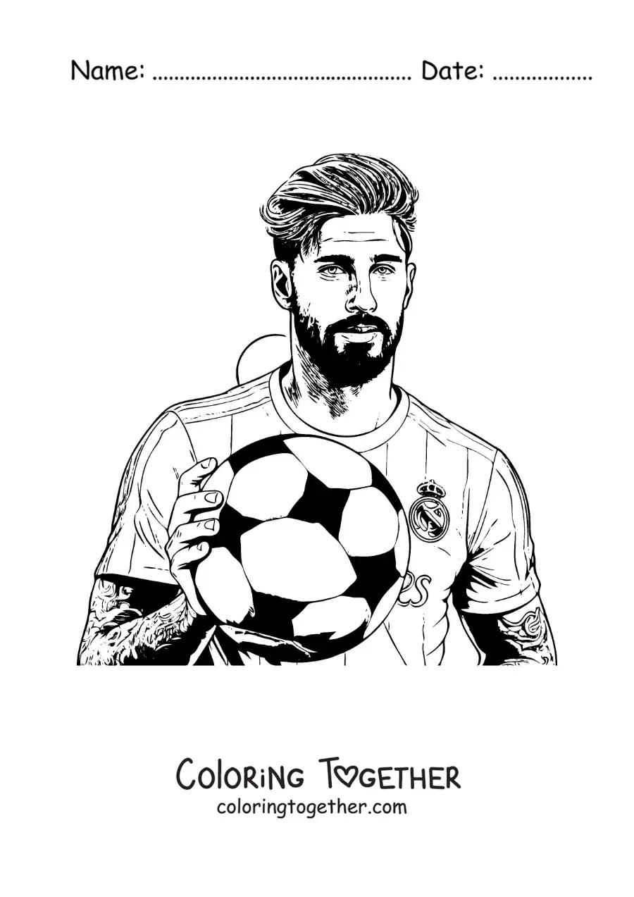 Coloring page of a portrait of Sergio Ramos with a football