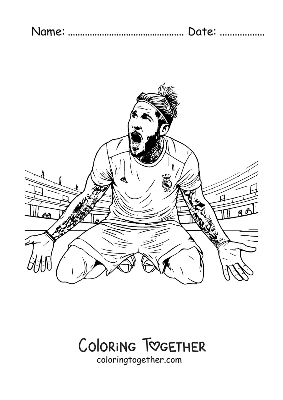 Coloring page of Sergio Ramos celebrating a goal