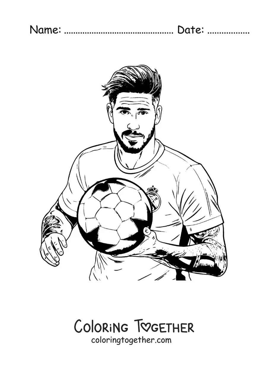 Coloring page of Sergio Ramos with a football