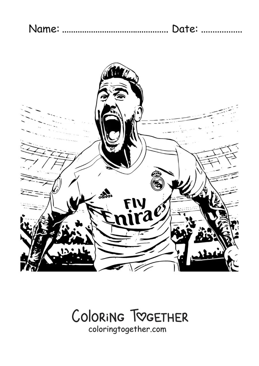 Coloring page of Sergio Ramos celebrating in a football match