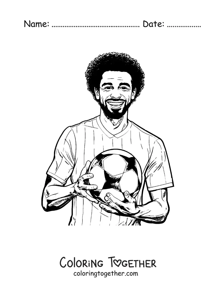 Coloring page of a cartoon Mohamed Salah with a football
