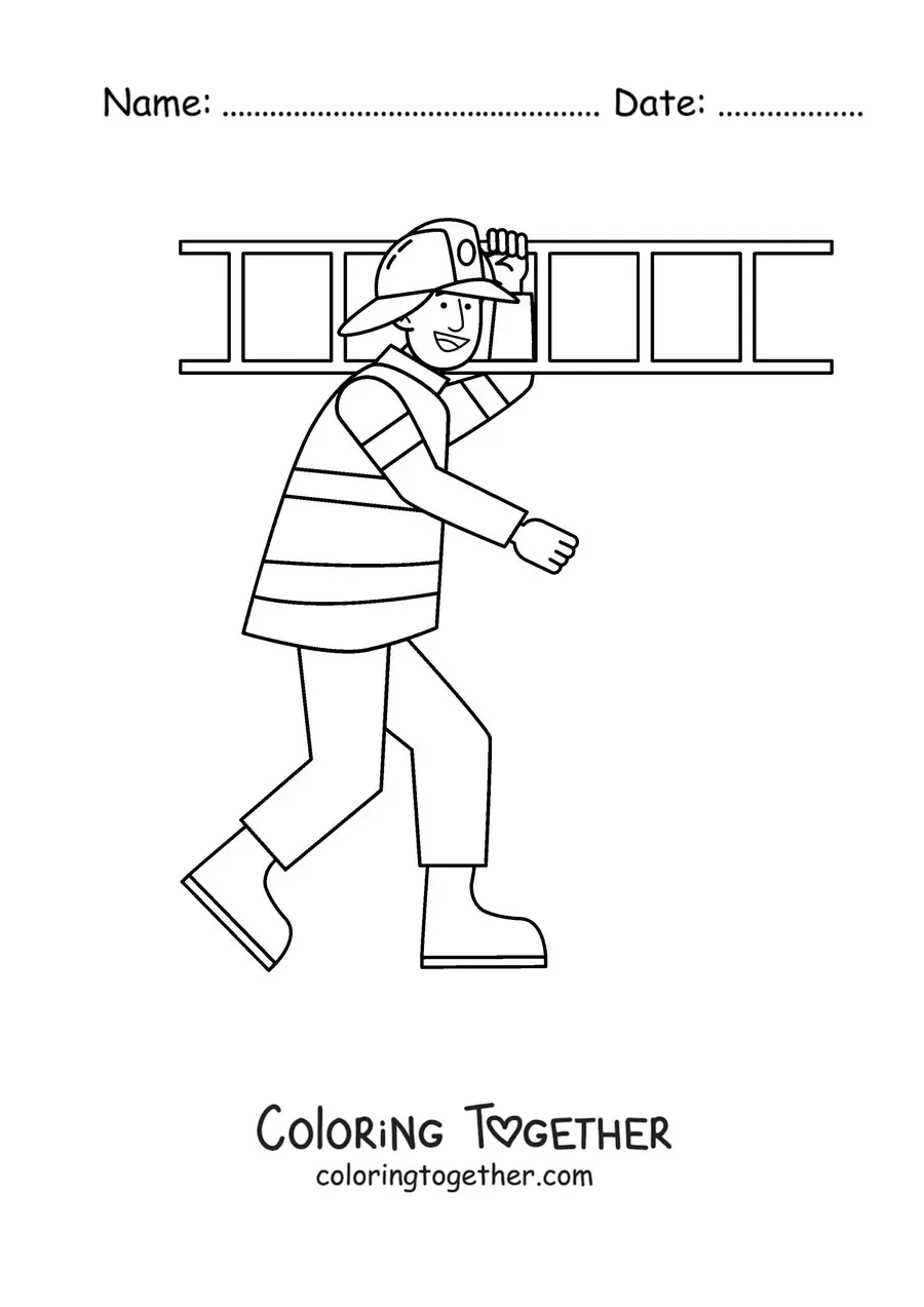 Coloring page of a cartoon firefighter carrying a ladder