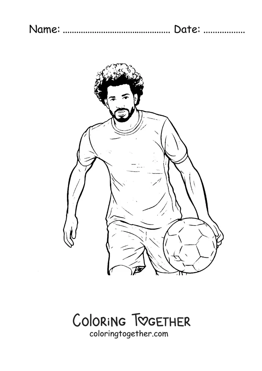Coloring page of a cartoon Mohamed Salah playing football