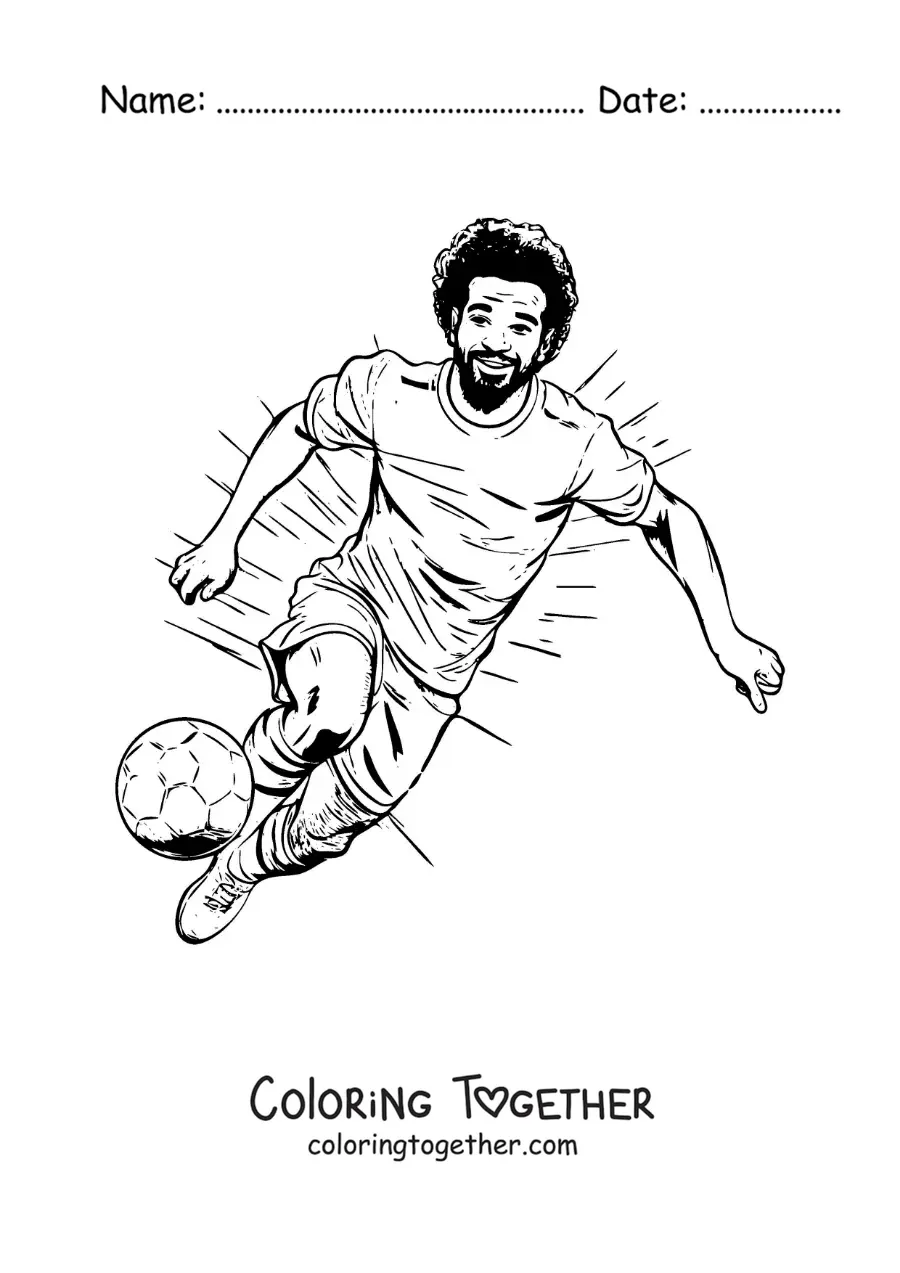 Coloring page of a cartoon of Mohamed Salah playing football