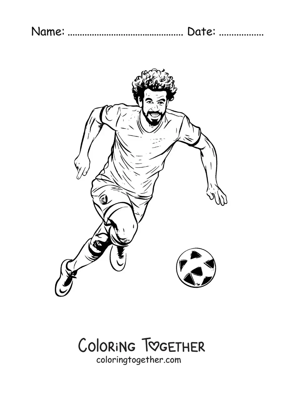 Coloring page of a cartoon Mohamed Salah scoring a goal