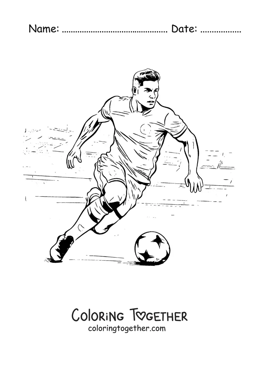 Coloring page of a cartoon Cristiano Ronaldo playing football
