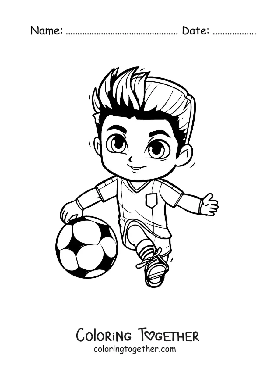 Coloring page of a kawaii Cristiano Ronaldo playing football