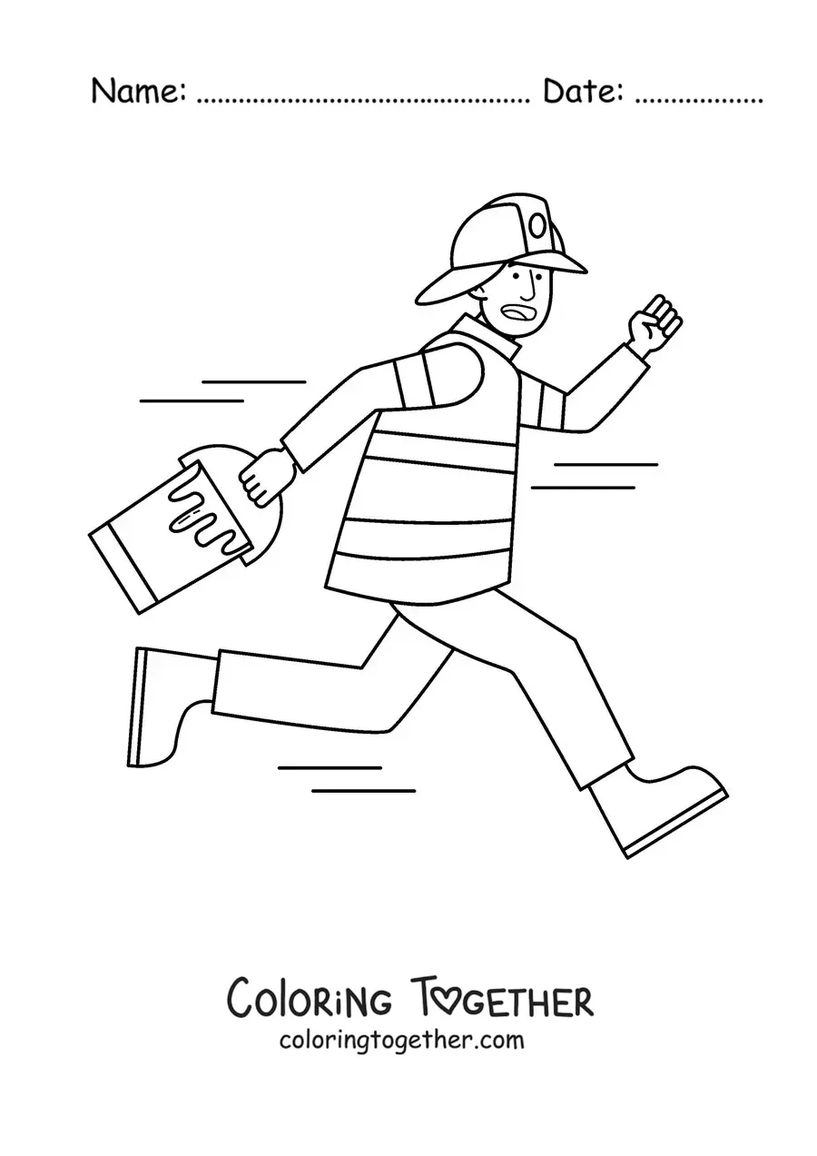 Coloring page of a cartoon firefighter with a water bucket
