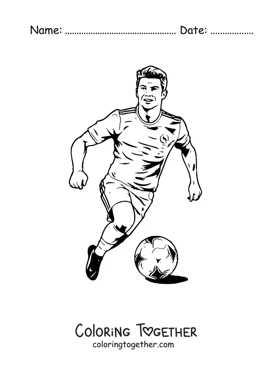 Coloring page of a cartoon Cristiano Ronaldo playing football