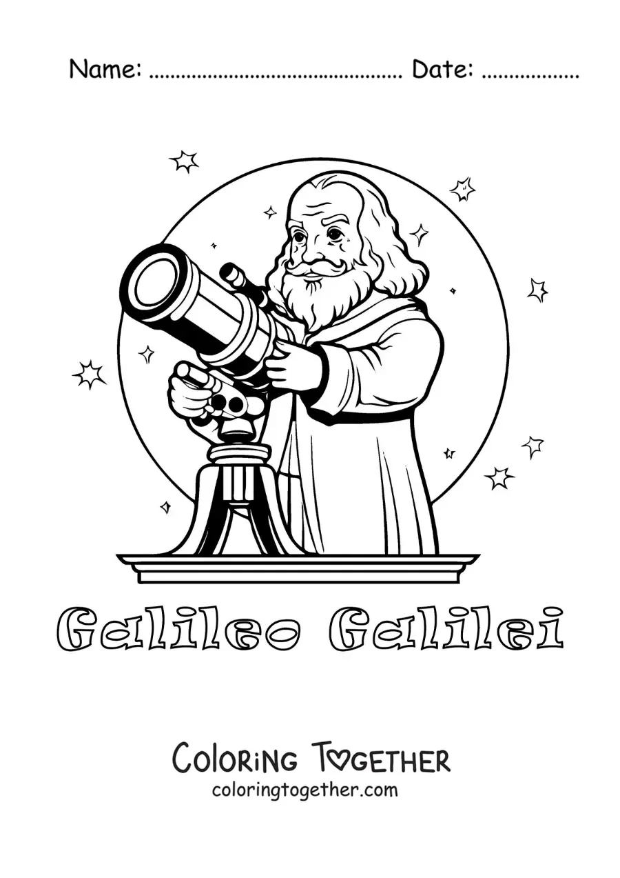 Coloring page of a cartoon Galileo Galilei with a telescope