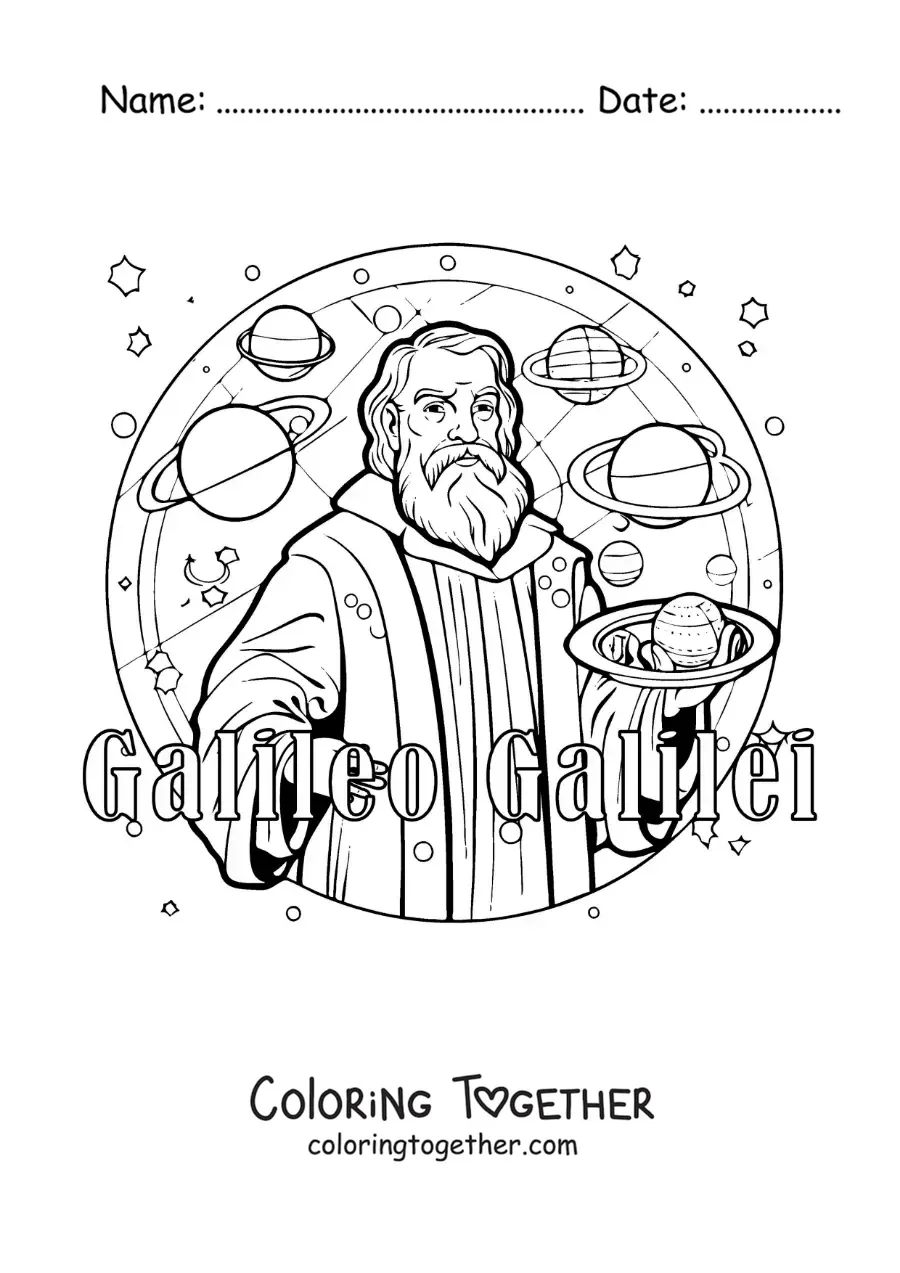 Coloring page of a cartoon Galileo Galilei with the planets