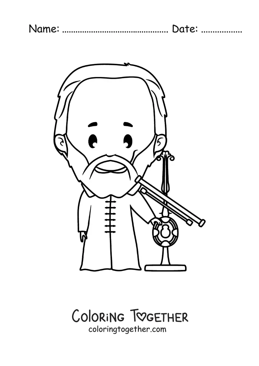 Coloring page of a kawaii Galileo Galilei with a telescope