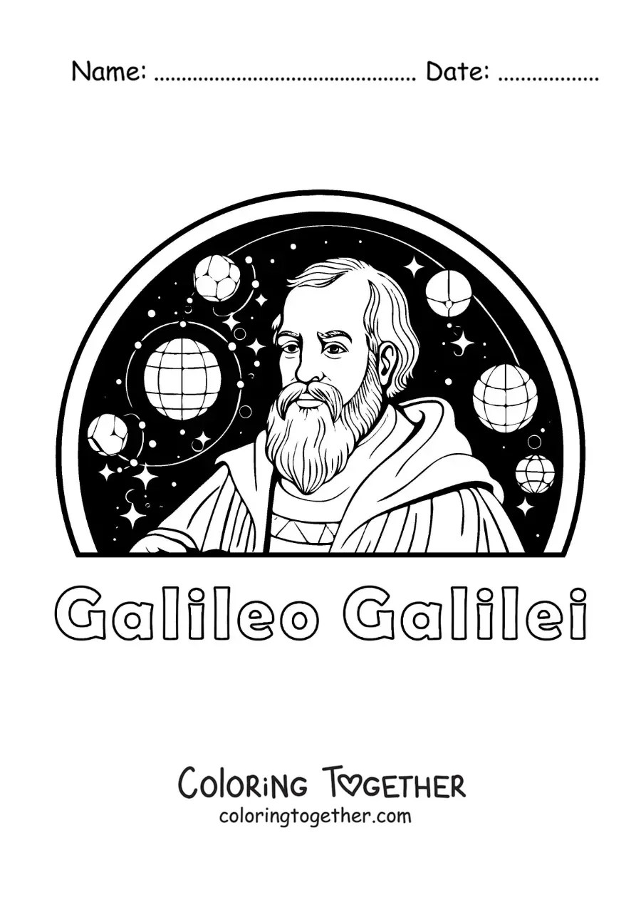 Coloring page of Galileo Galilei with the planets