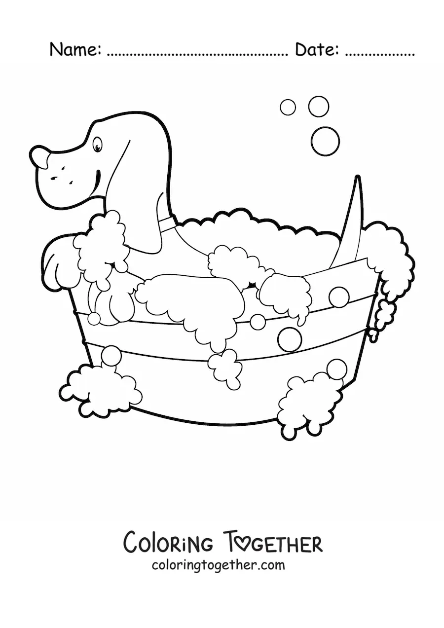 Coloring page of a dog taking a bath in a bucket full of bubbles
