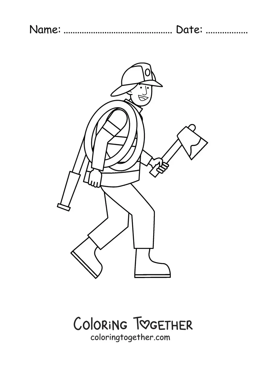 Coloring page of a cartoon firefighter with a hose and an axe