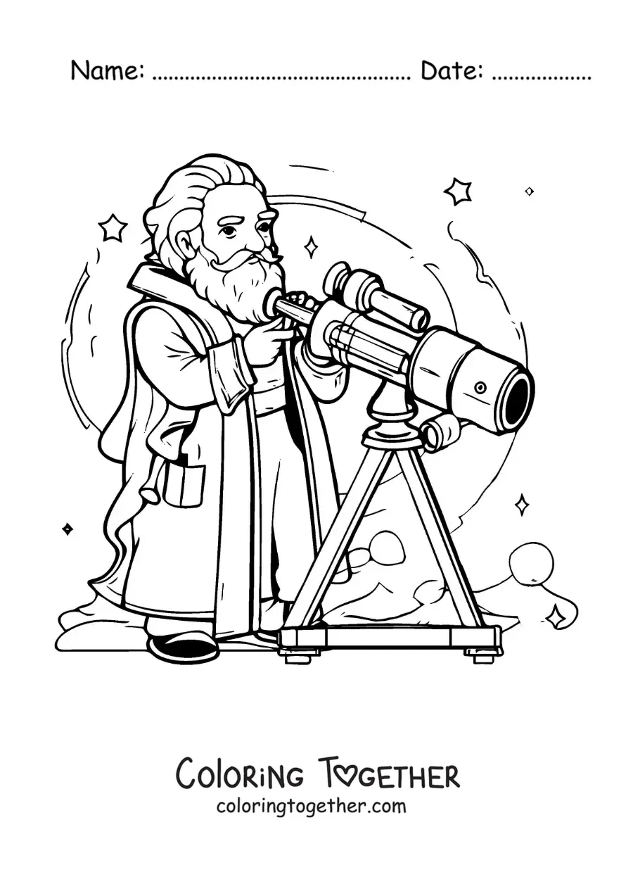 Coloring page of a cartoon Galileo Galilei looking through a telescope