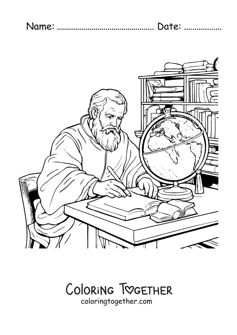 Coloring page of Galileo Galilei studying at a desk