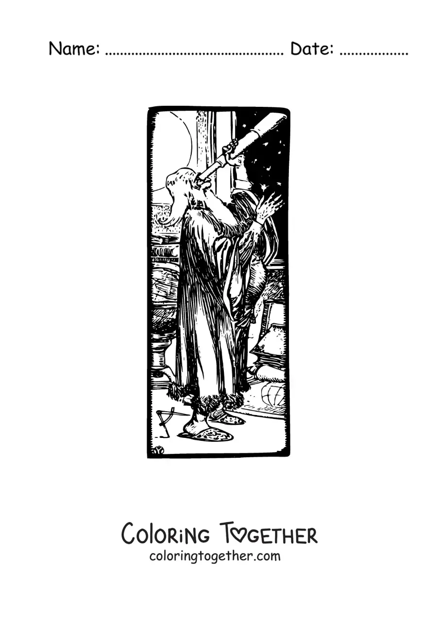 Coloring page of a cartoon of Galileo Galilei with a telescope