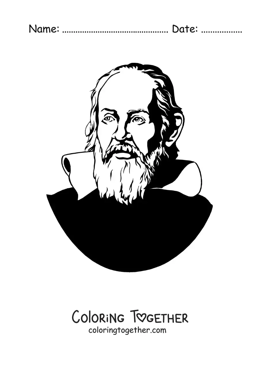 Coloring page of a realistic portrait of Galileo Galilei