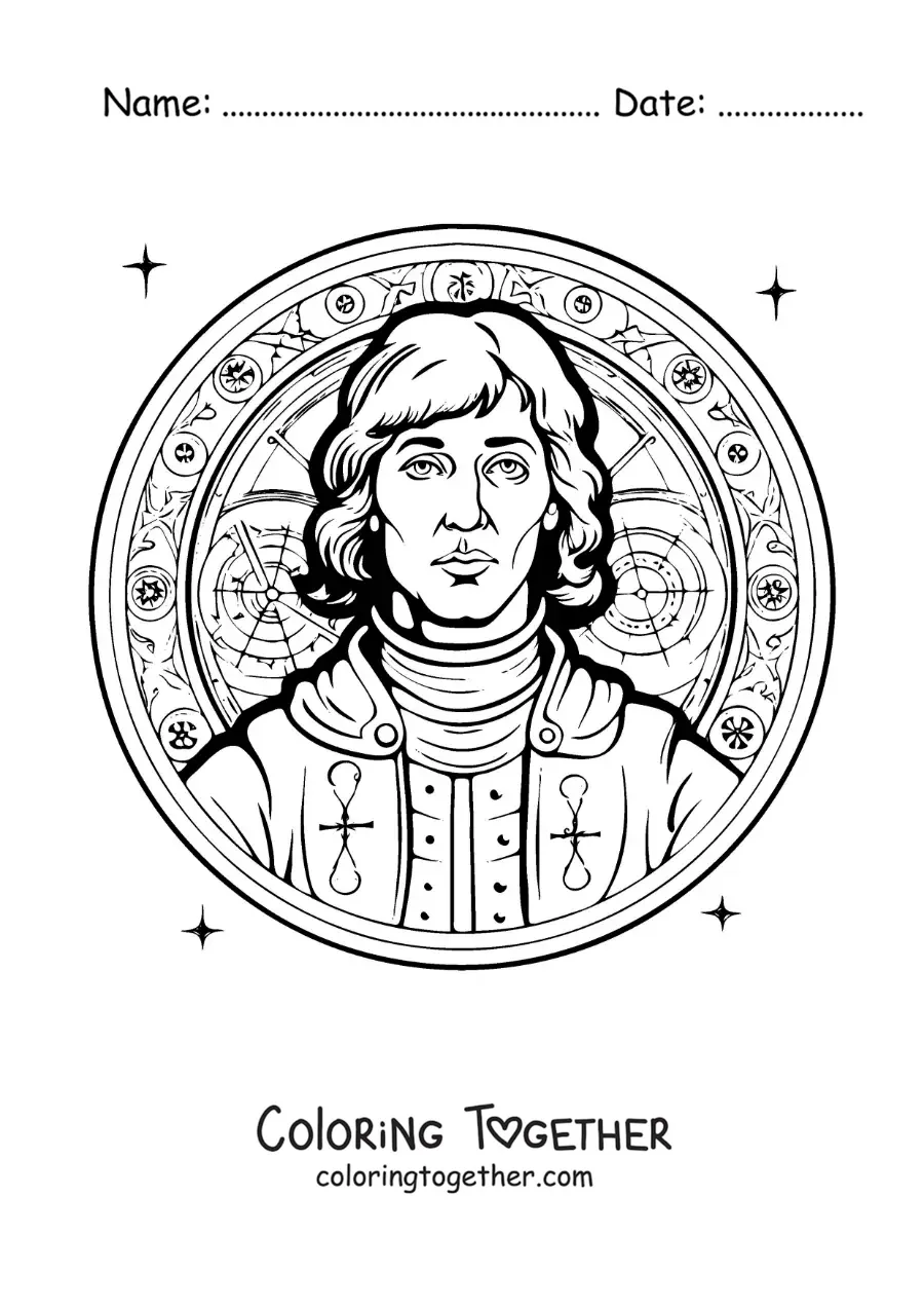 Coloring page of a cartoon Nicolaus Copernicus with a mandala