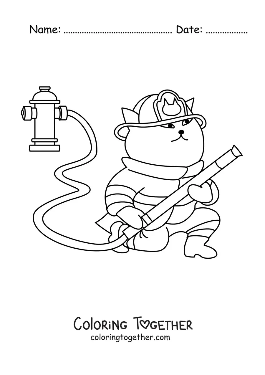 Coloring page of a cartoon firefighter cat holding a hose