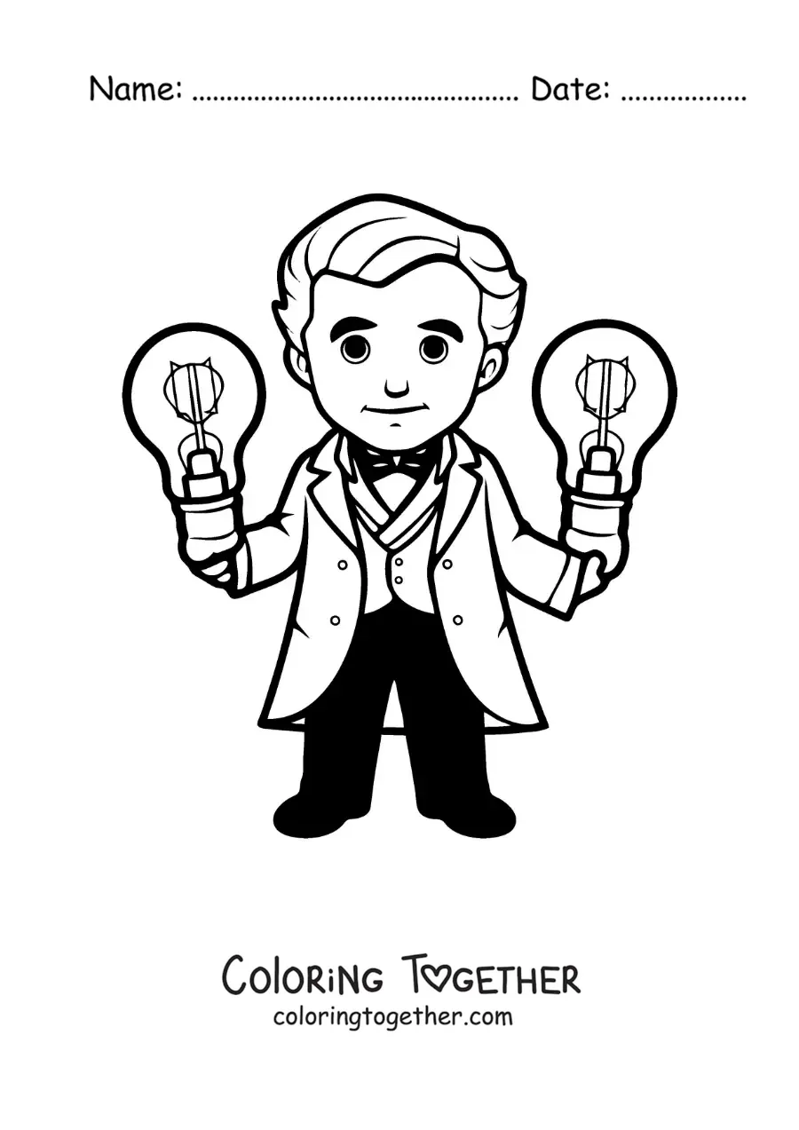 Coloring page of a cartoon kawaii Thomas Edison with two light bulbs