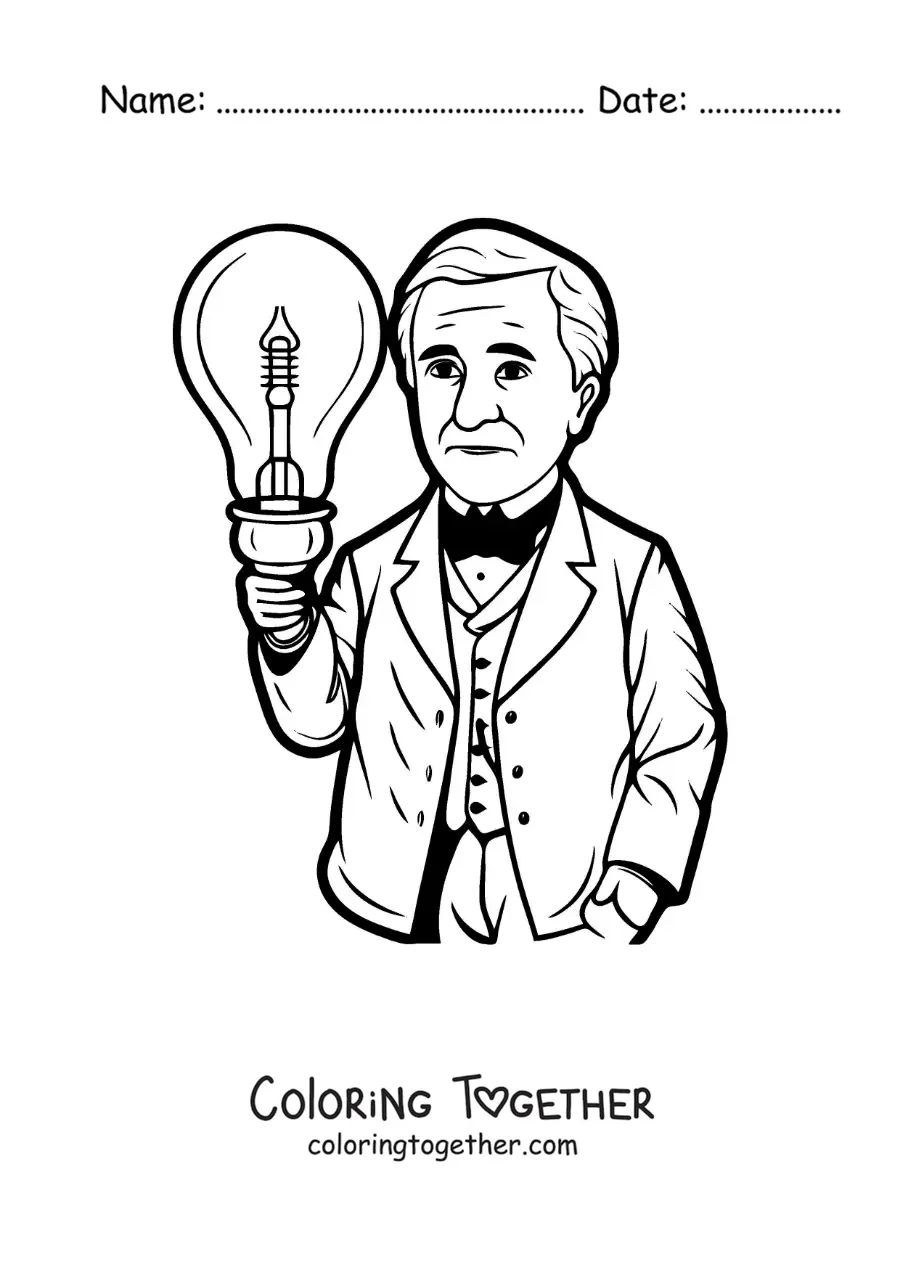 Coloring page of a cartoon of Thomas Edison with a light bulb