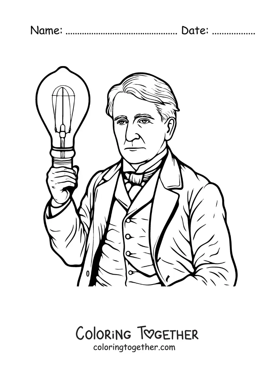 Coloring page of a cartoon Thomas Edison with a light bulb
