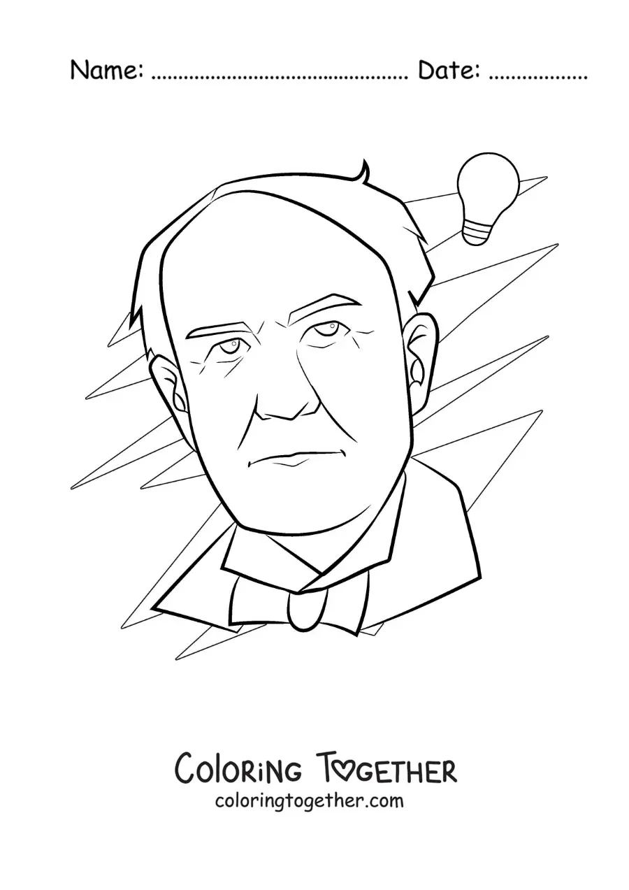 Coloring page of an easy portrait of Thomas Edison with a light bulb