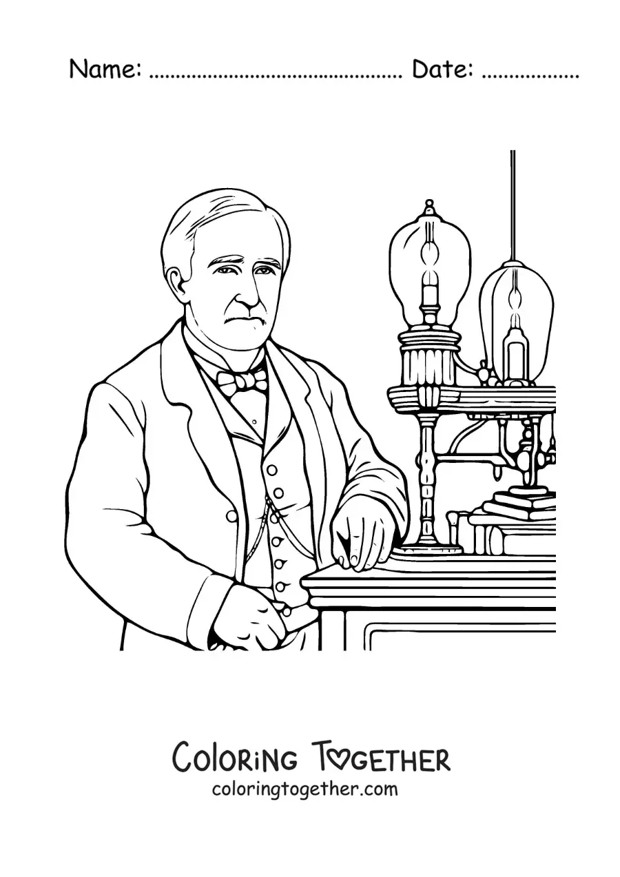 Coloring page of the inventor Thomas Edison in his workshop
