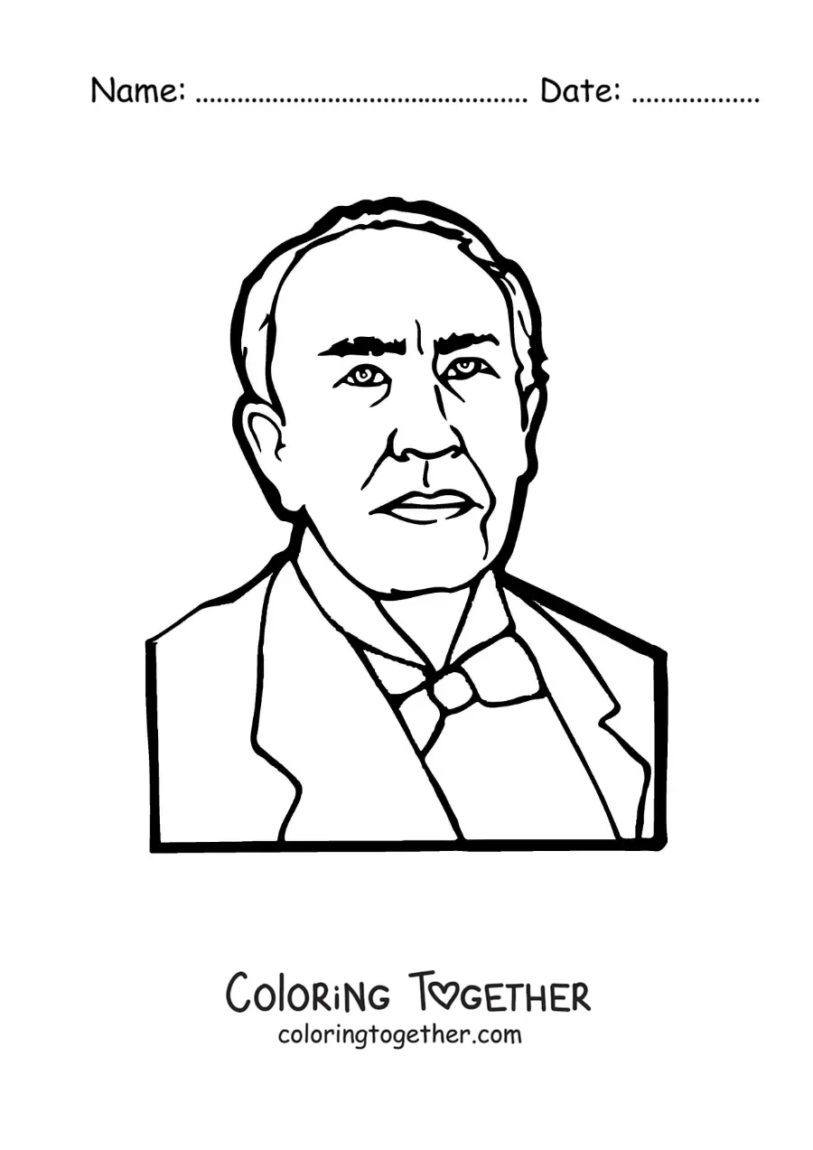 Coloring page of an easy cartoon portrait of Thomas Edison