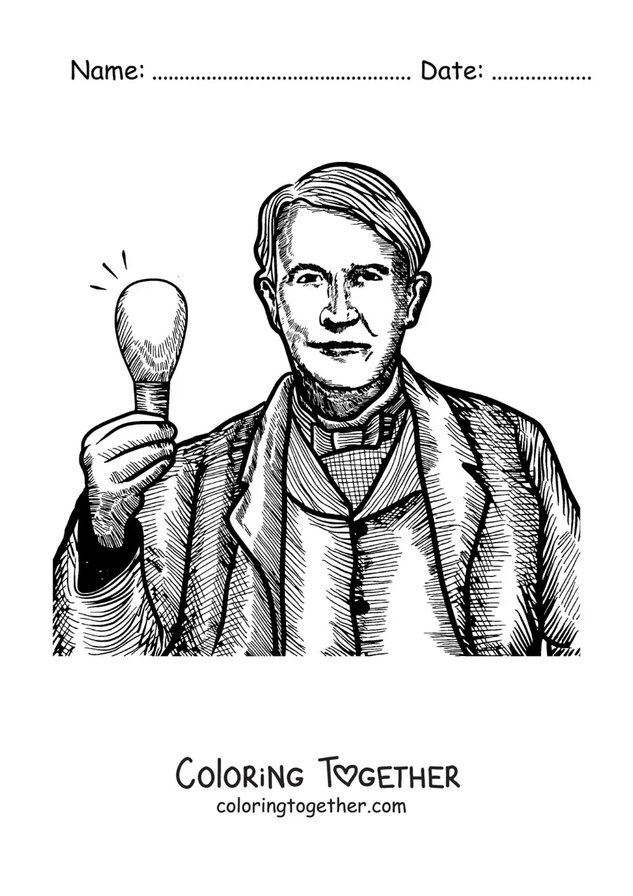 Coloring page of a realistic-style portrait of Thomas Edison