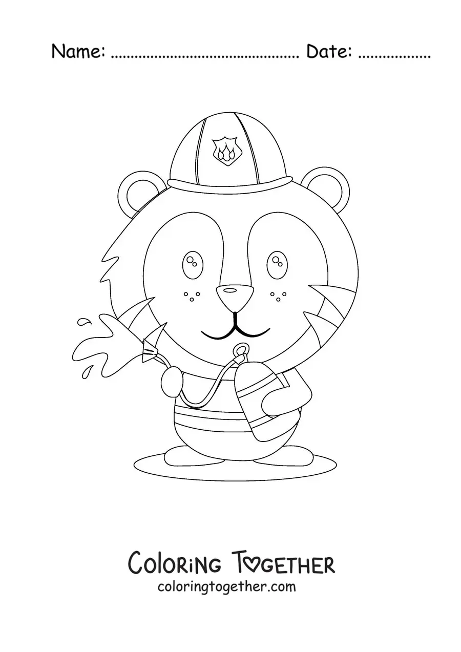 Coloring page of a cartoon firefighter tiger putting out a fire