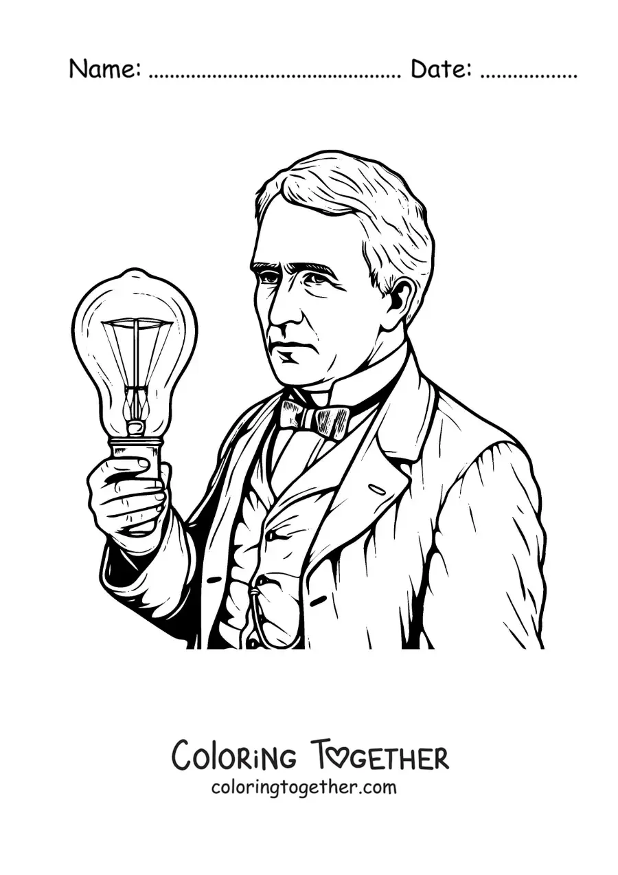 Coloring page of a realistic-style Thomas Edison with a light bulb