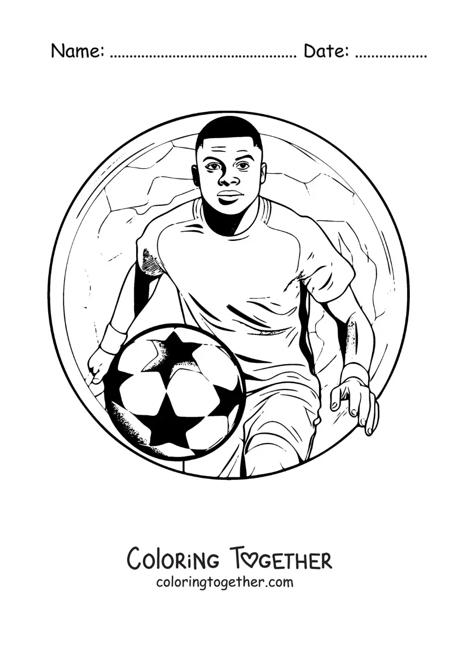 Coloring page of a cartoon Kylian Mbappe with a football