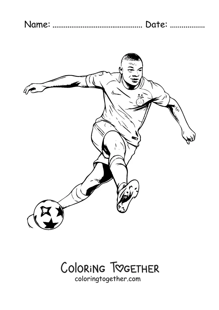 Coloring page of Kylian Mbappe playing football
