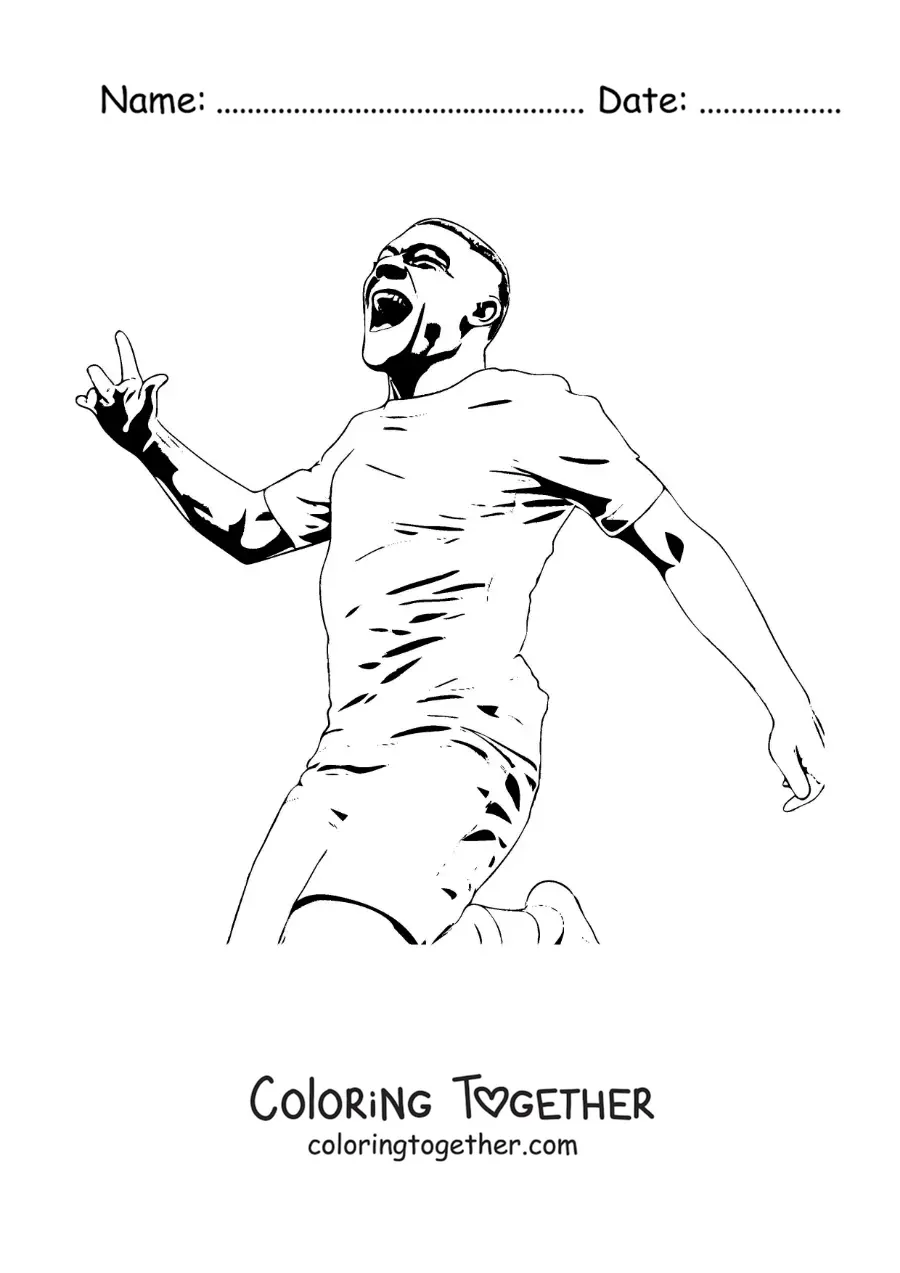 Coloring page of Kylian Mbappe celebrating a goal