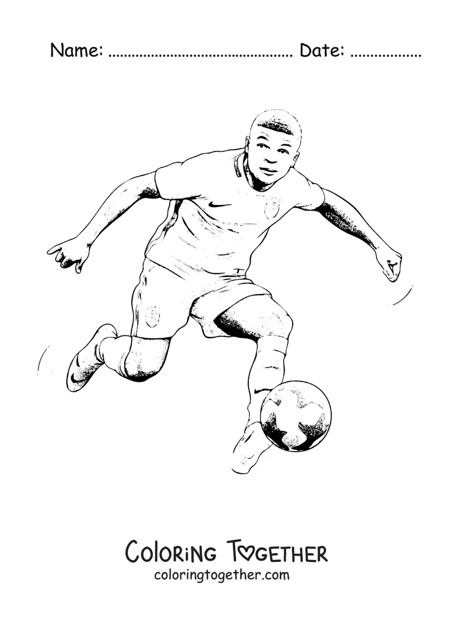 Coloring page of a cartoon Kylian Mbappe playing football