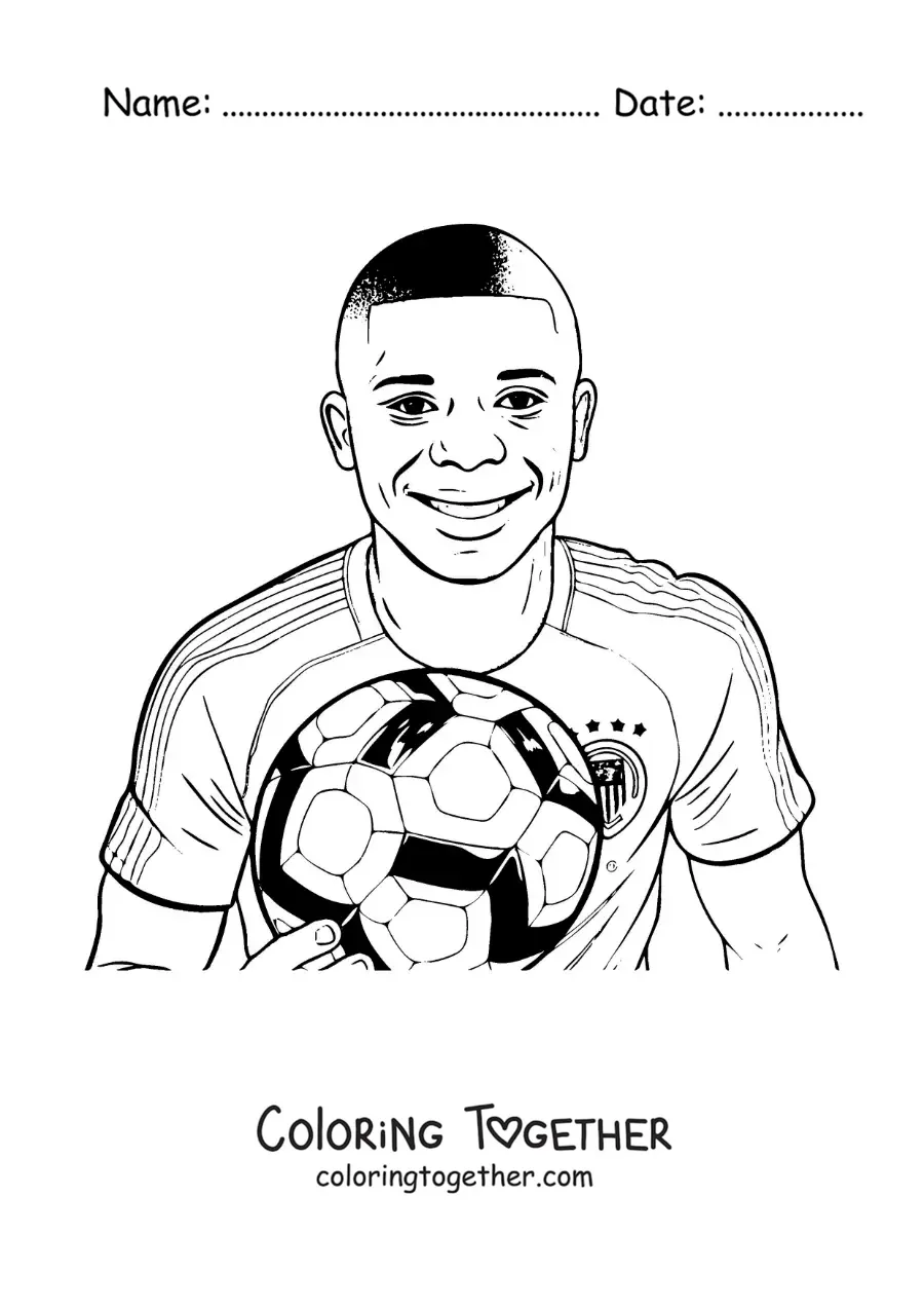 Coloring page of a cartoon portrait of Kylian Mbappe smiling with a football