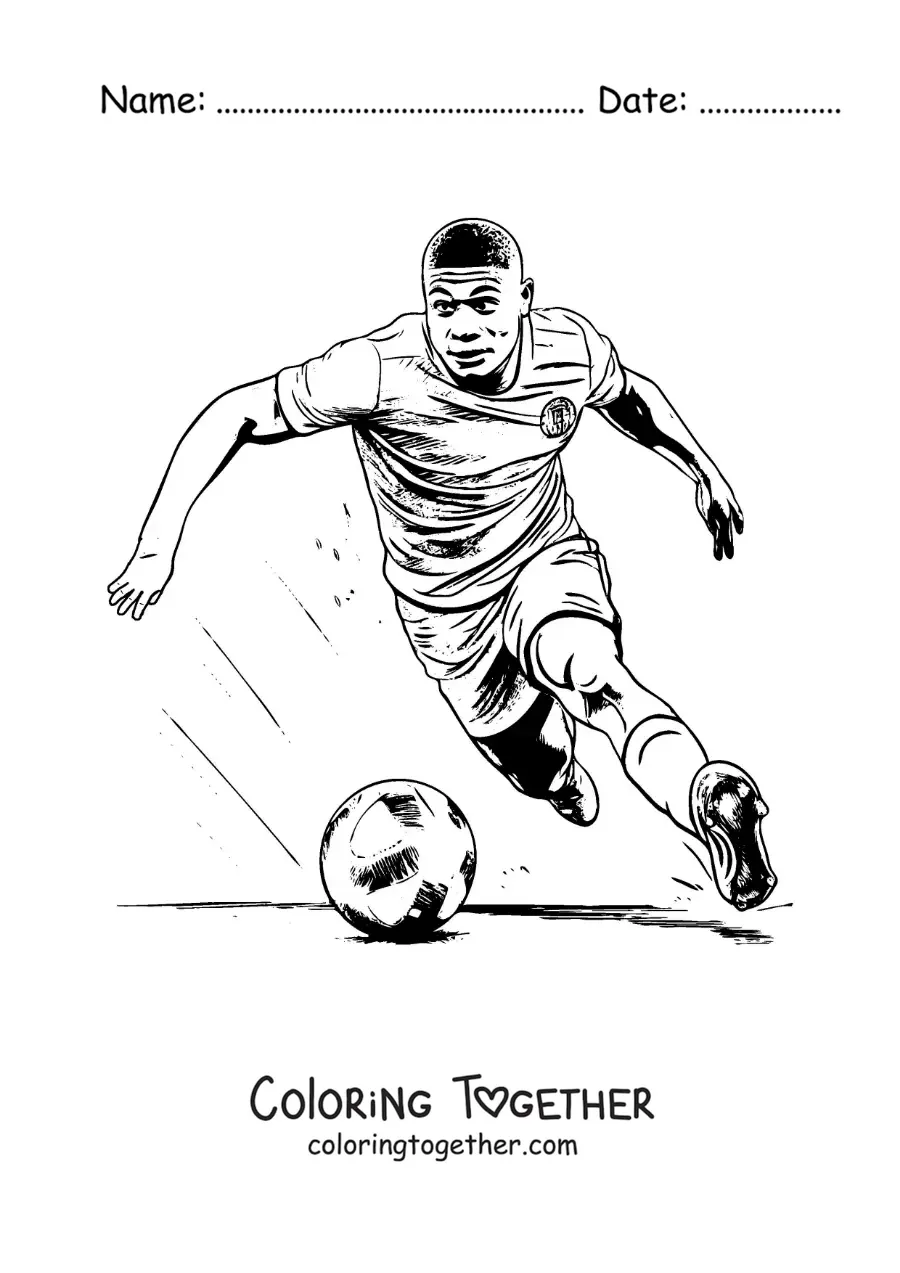 Coloring page of Kylian Mbappe playing football