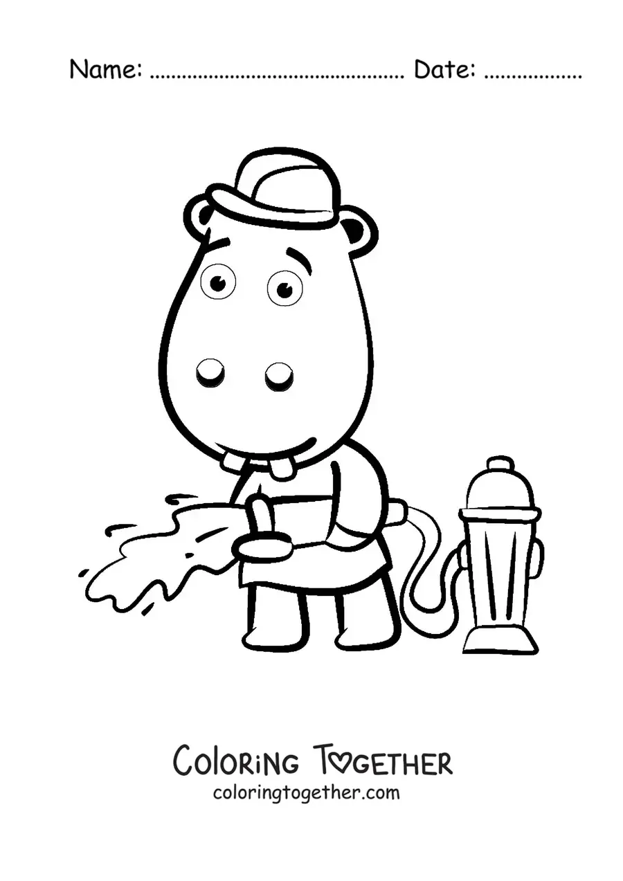 Coloring page of a cartoon firefighter hippo putting out a fire