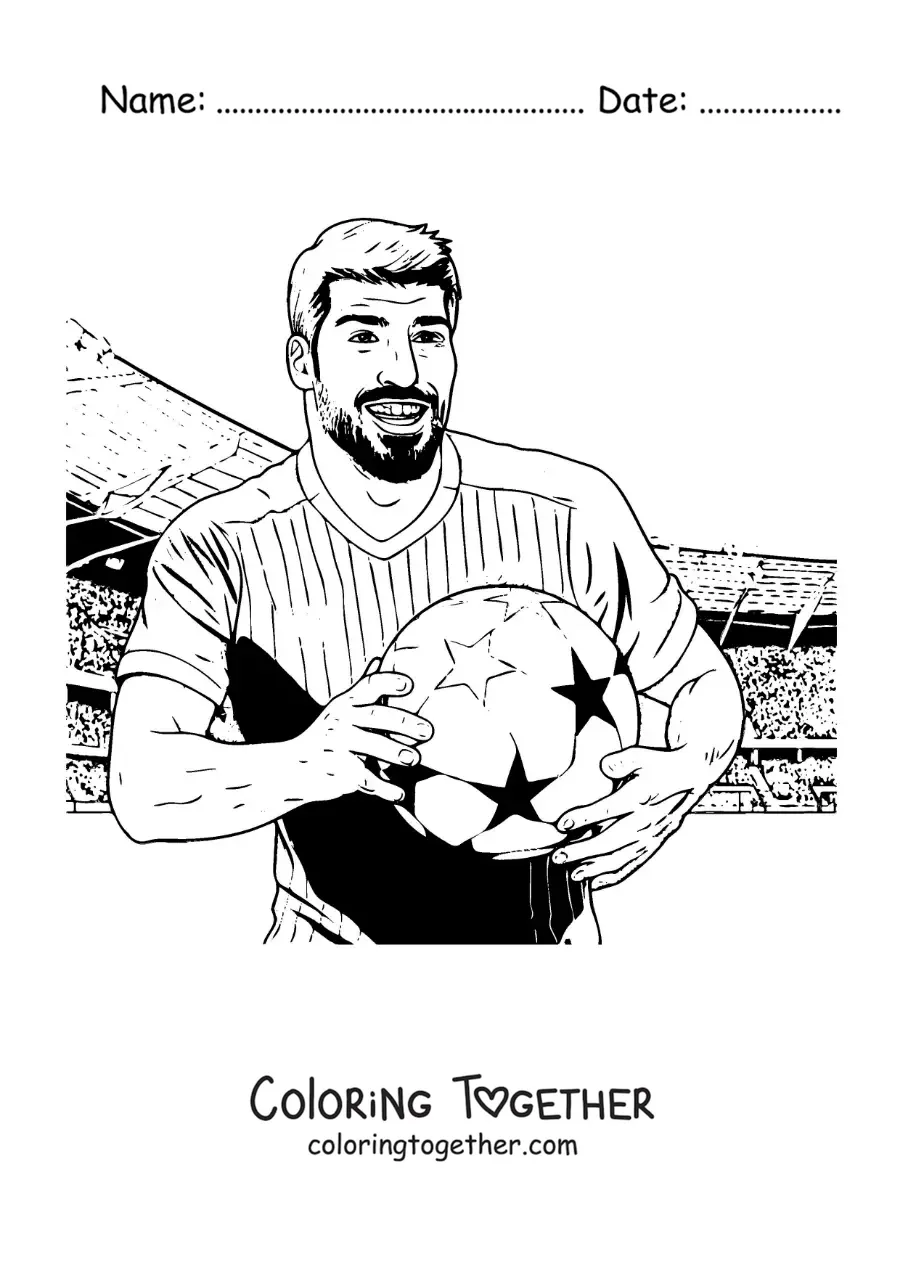 Coloring page of a cartoon Luis Suarez with a football