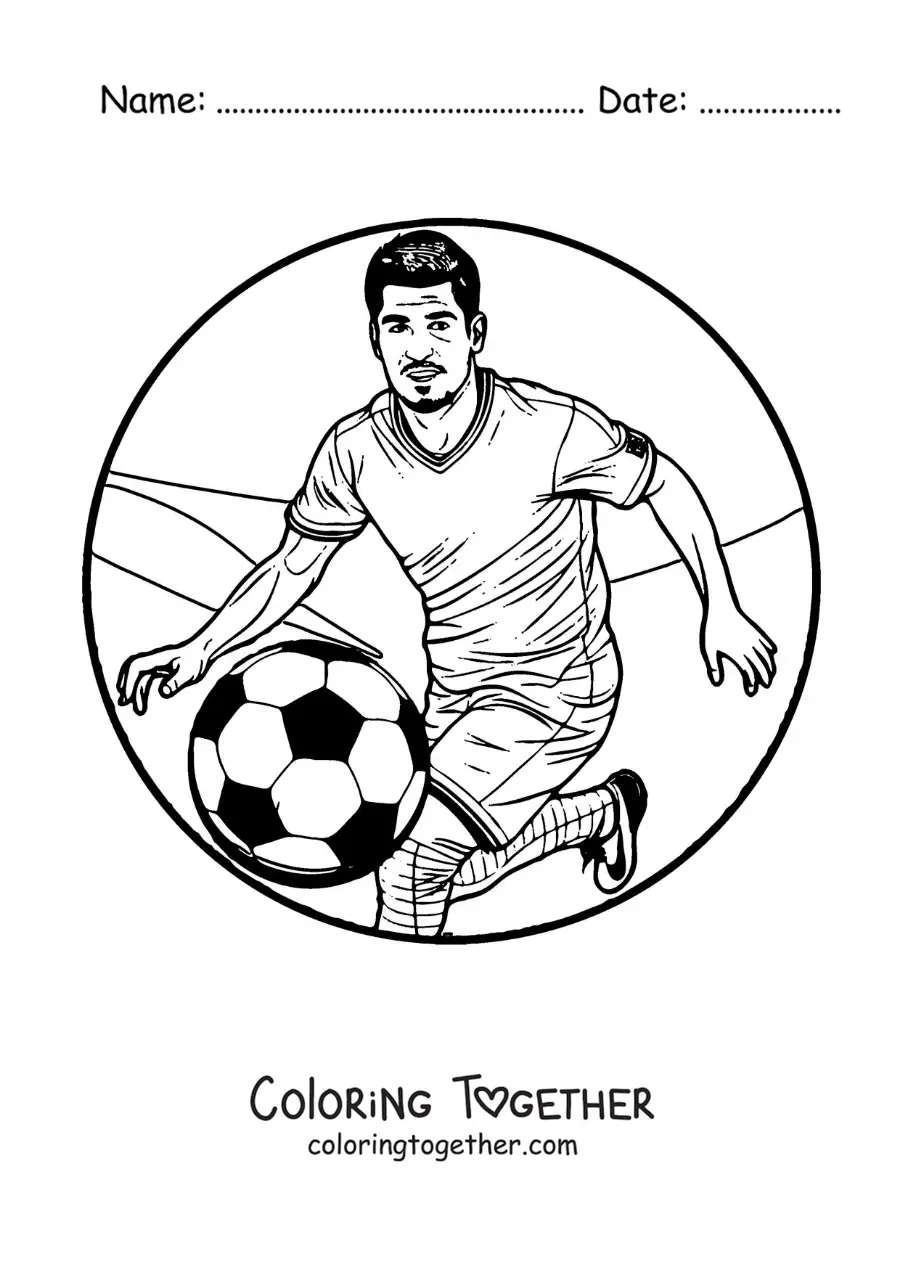 Coloring page of a cartoon Luis Suarez playing football