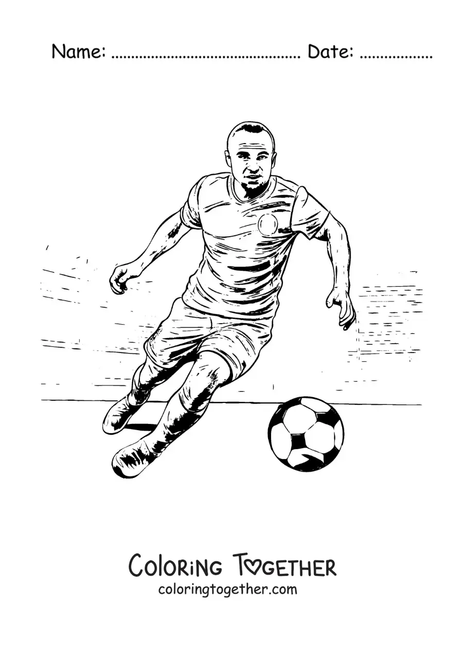 Coloring page of Andres Iniesta playing football