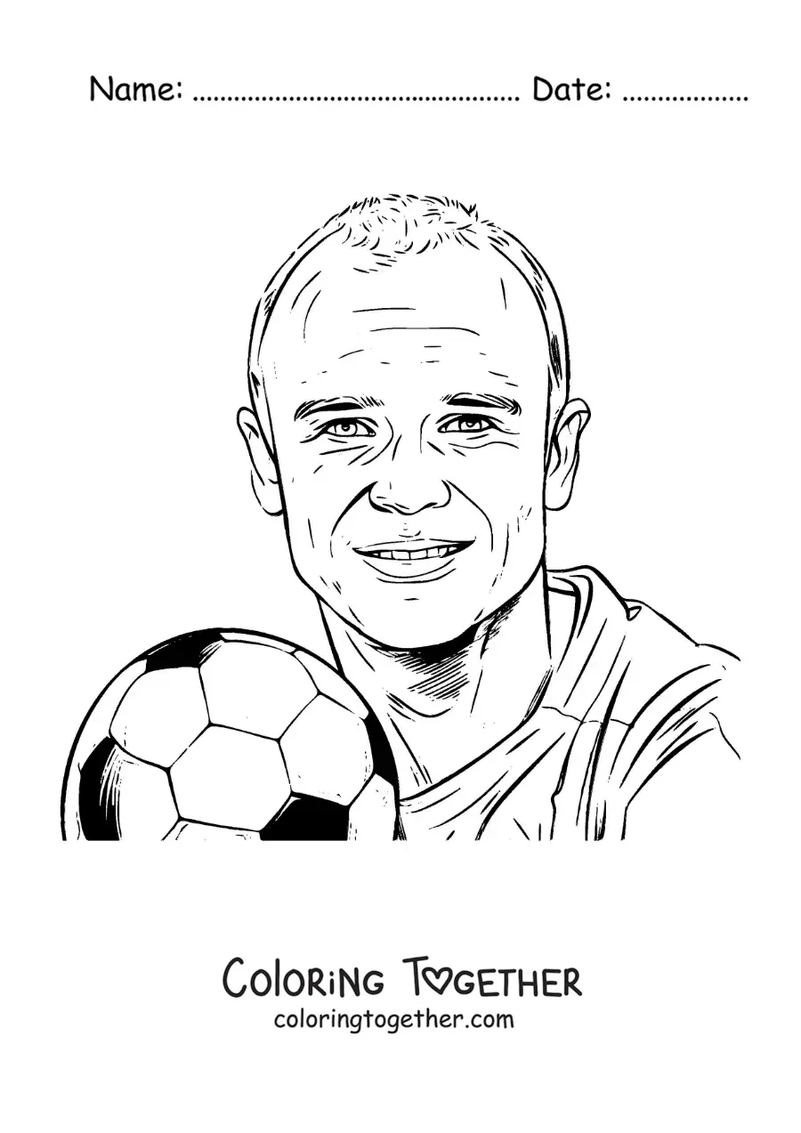 Coloring page of a realistic-style portrait of Andres Iniesta with a football