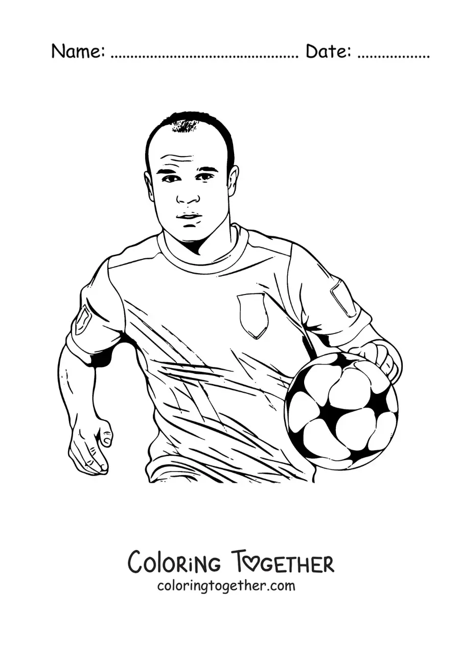 Coloring page of a cartoon Andres Iniesta playing football
