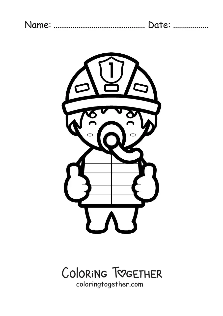 Coloring page of a kawaii firefighter wearing a breathing mask