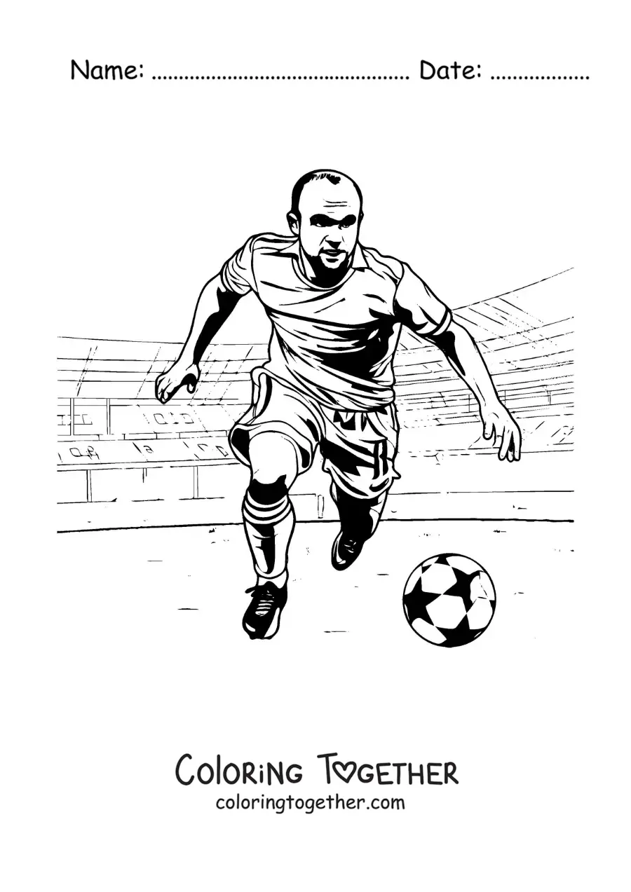 Coloring page of Andres Iniesta in a football match