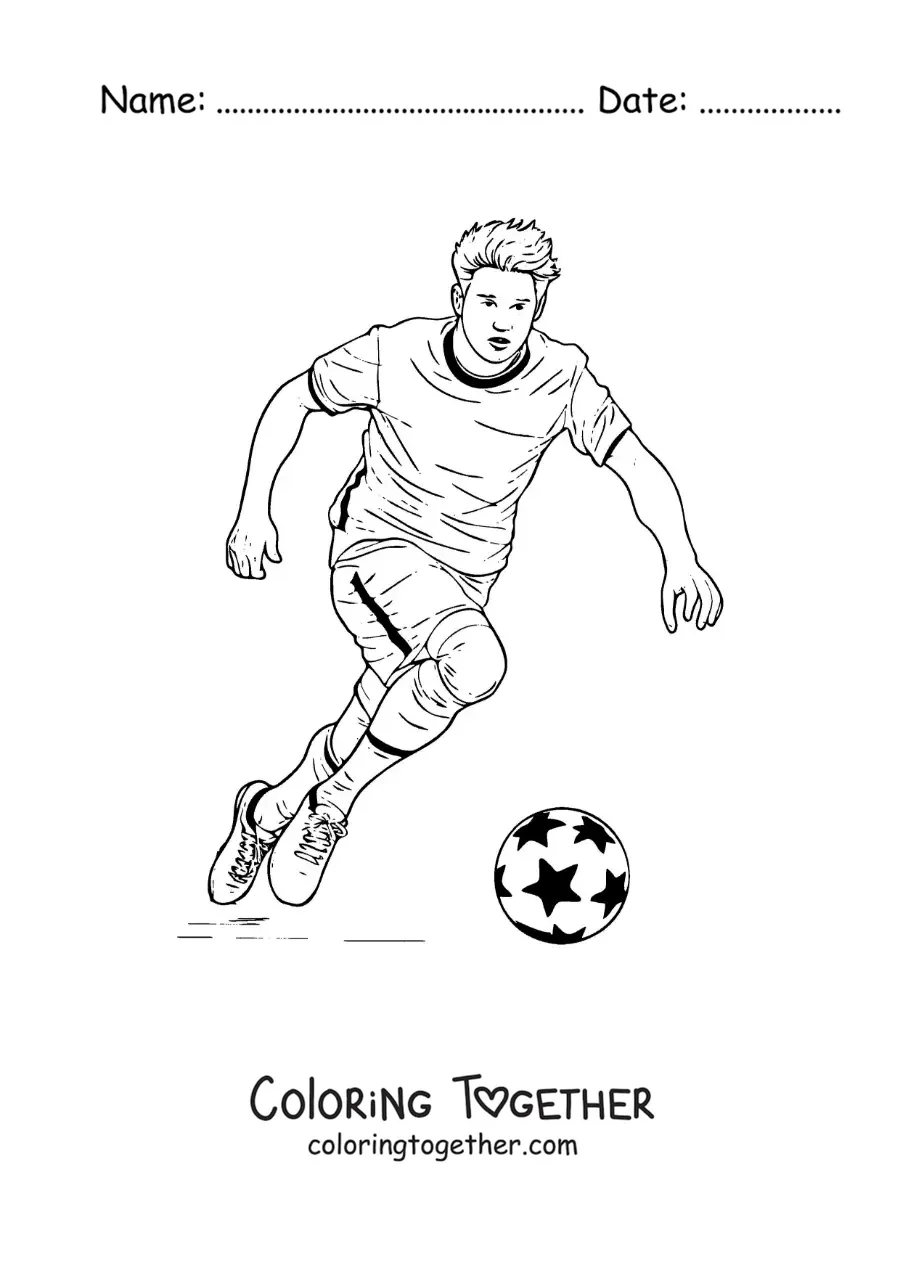 Coloring page of a cartoon Kevin De Bruyne playing football